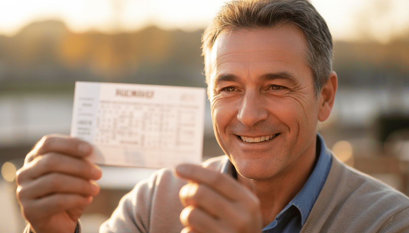 Homme souriant tenant un ticket de loto