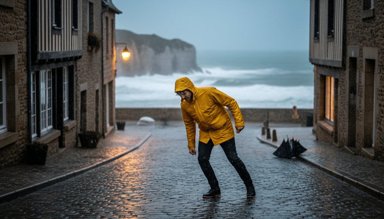 Homme sous la pluie en veste jaune dans village normand