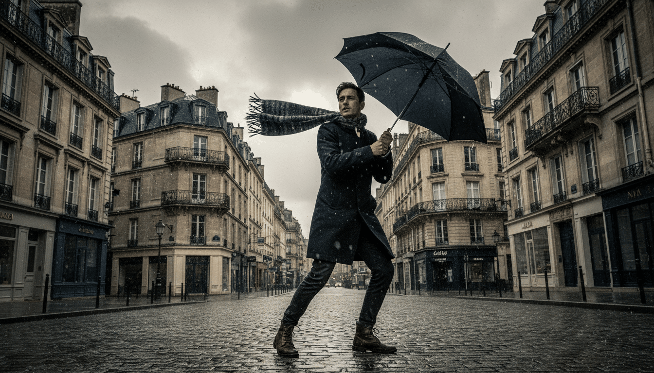 Homme sous la pluie et le vent dans une rue du Nord