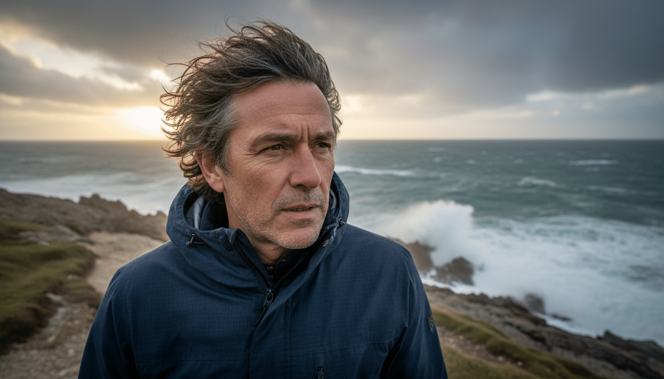Homme sur le littoral atlantique sous un ciel gris