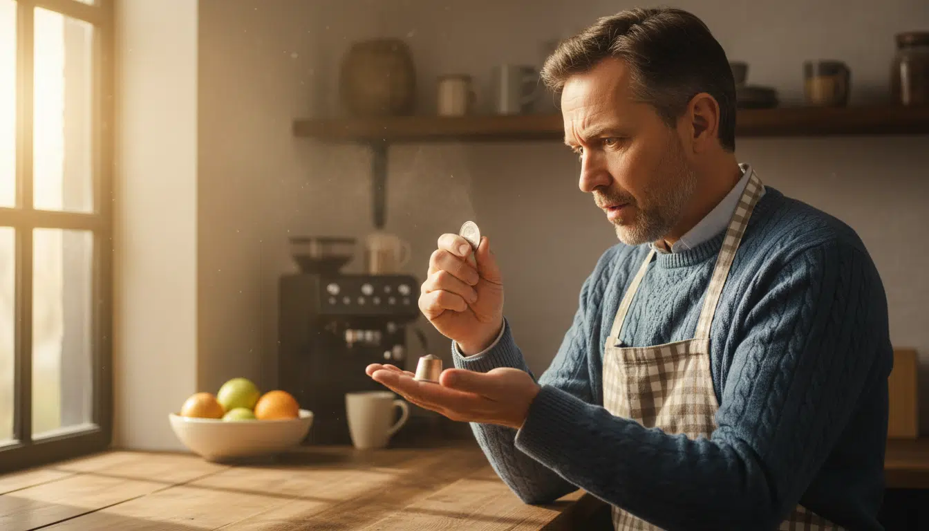 Homme surpris comparant capsule et pièce de monnaie
