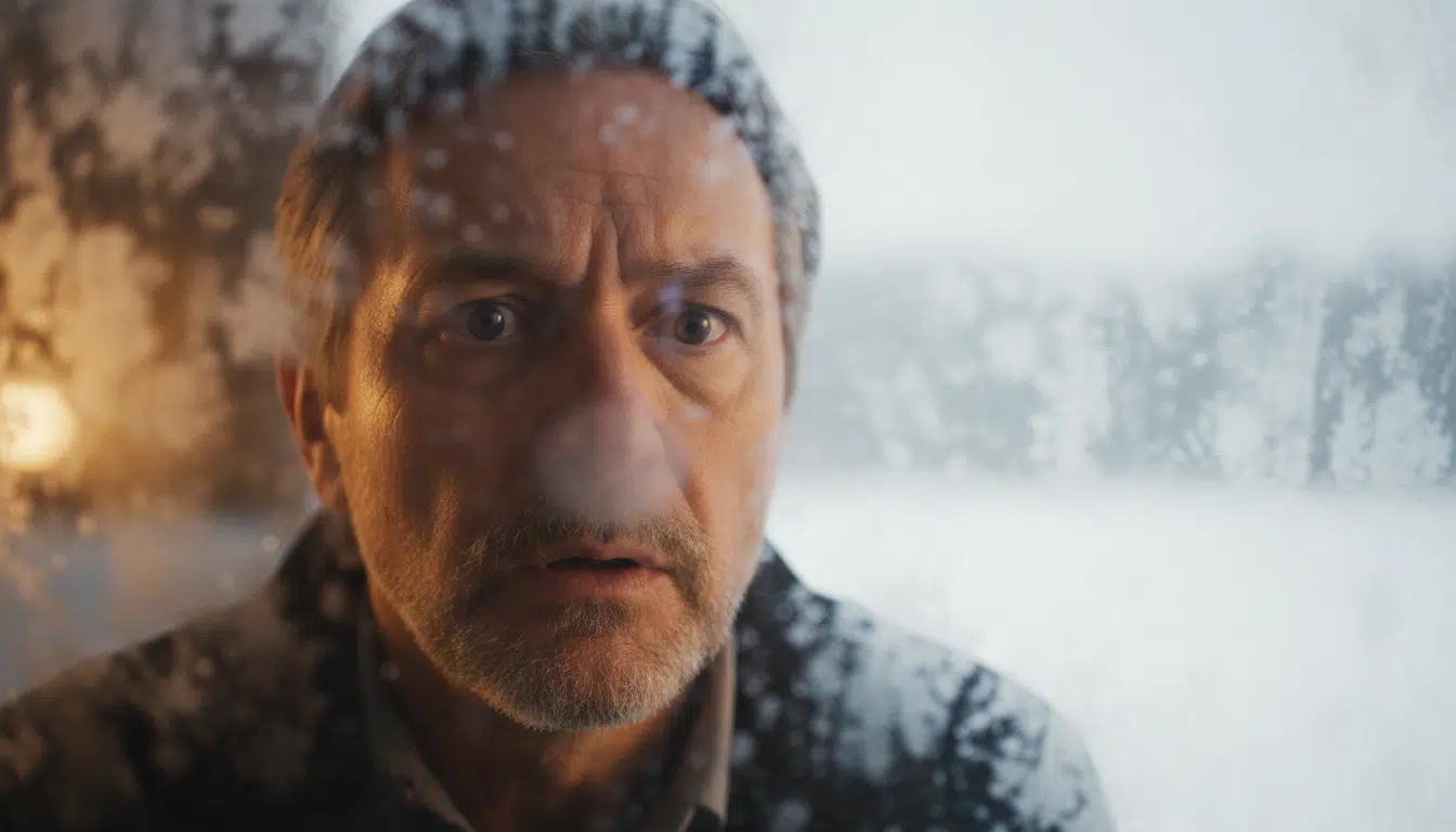 Homme surpris devant une fenêtre enneigée fin mars