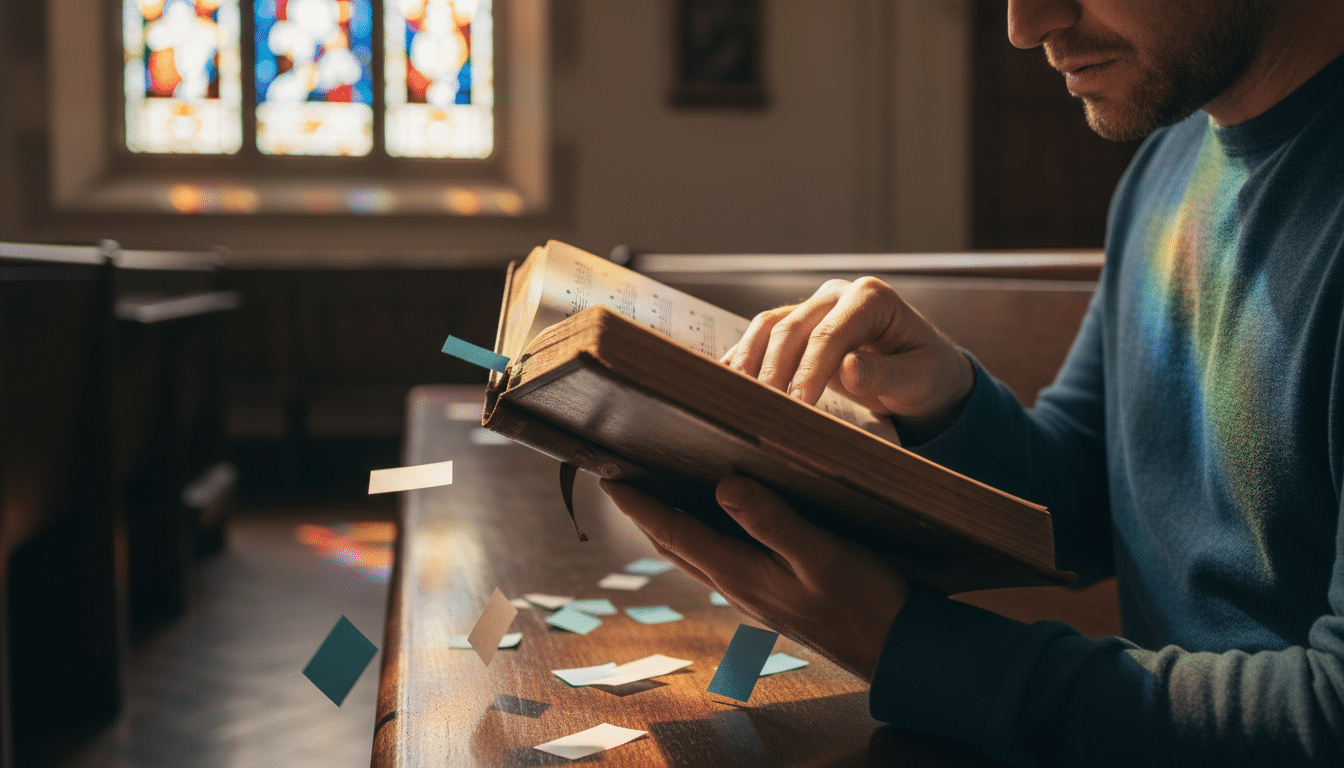 Homme tenant un livre de cantiques avec des marque-pages qui tombent