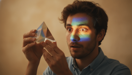 Homme tenant un prisme décomposant la lumière en arc-en-ciel