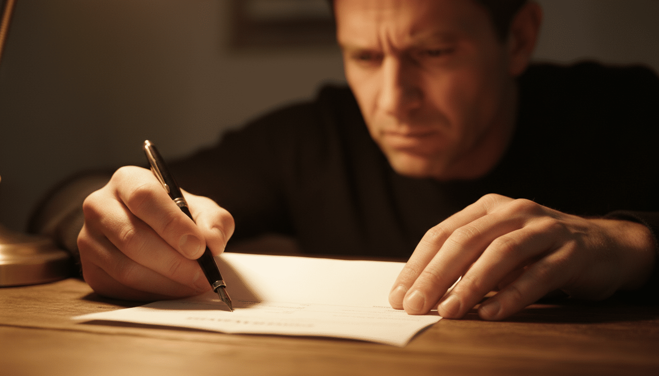 Homme vérifiant sa fiche de paie avec un stylo