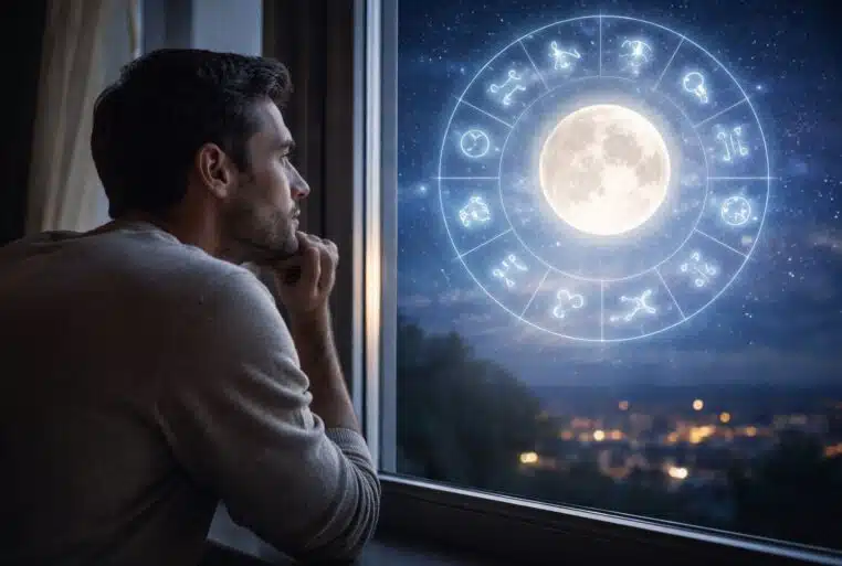 Horoscope avril 2026 : un homme face à la Lune et au zodiaque dans une ambiance sobre.