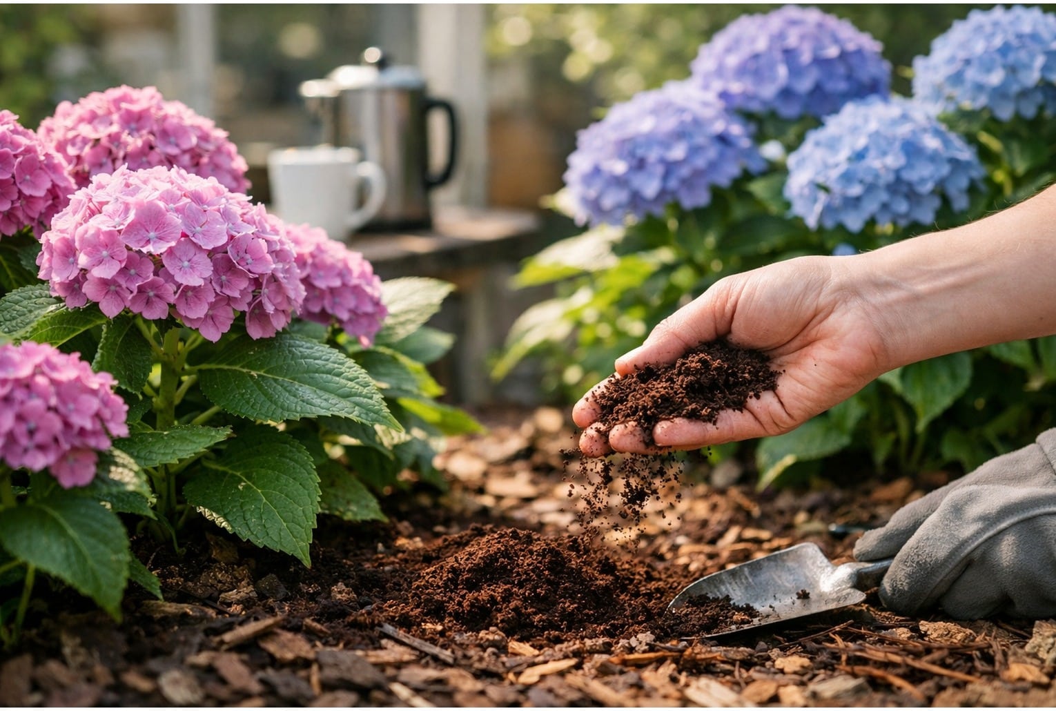 Marc de café au pied d’un hortensia au printemps, pour nourrir le sol et favoriser une floraison abondante.