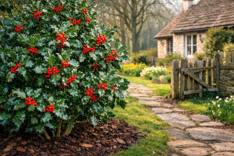 Un houx chargé de baies rouges planté près d’une allée en pierre devant une maison de campagne, au début du printemps.