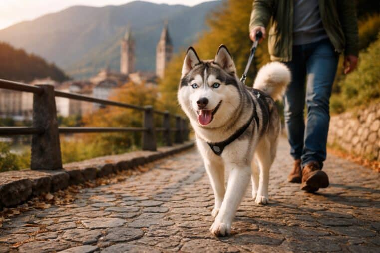 Husky en promenade dans une ville alpine en écho au débat sur la taxe chiens Bolzano 2026
