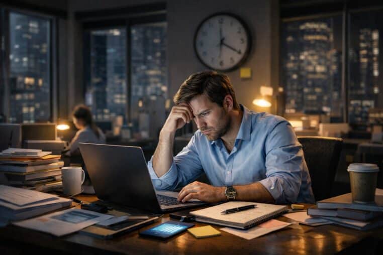 Salarié fatigué devant son ordinateur dans un bureau en soirée, illustration sobre de l’IA au travail