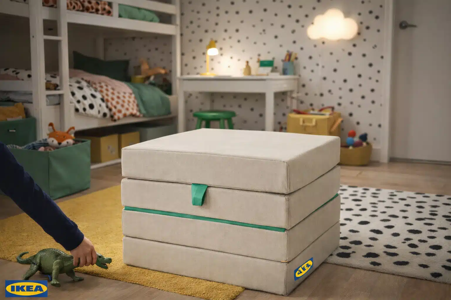Pouf IKEA SLÄKT dans une chambre d’enfant conçue pour gagner de la place au quotidien