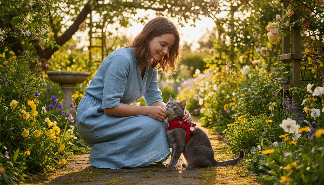 Illustration - chat laisse promenade