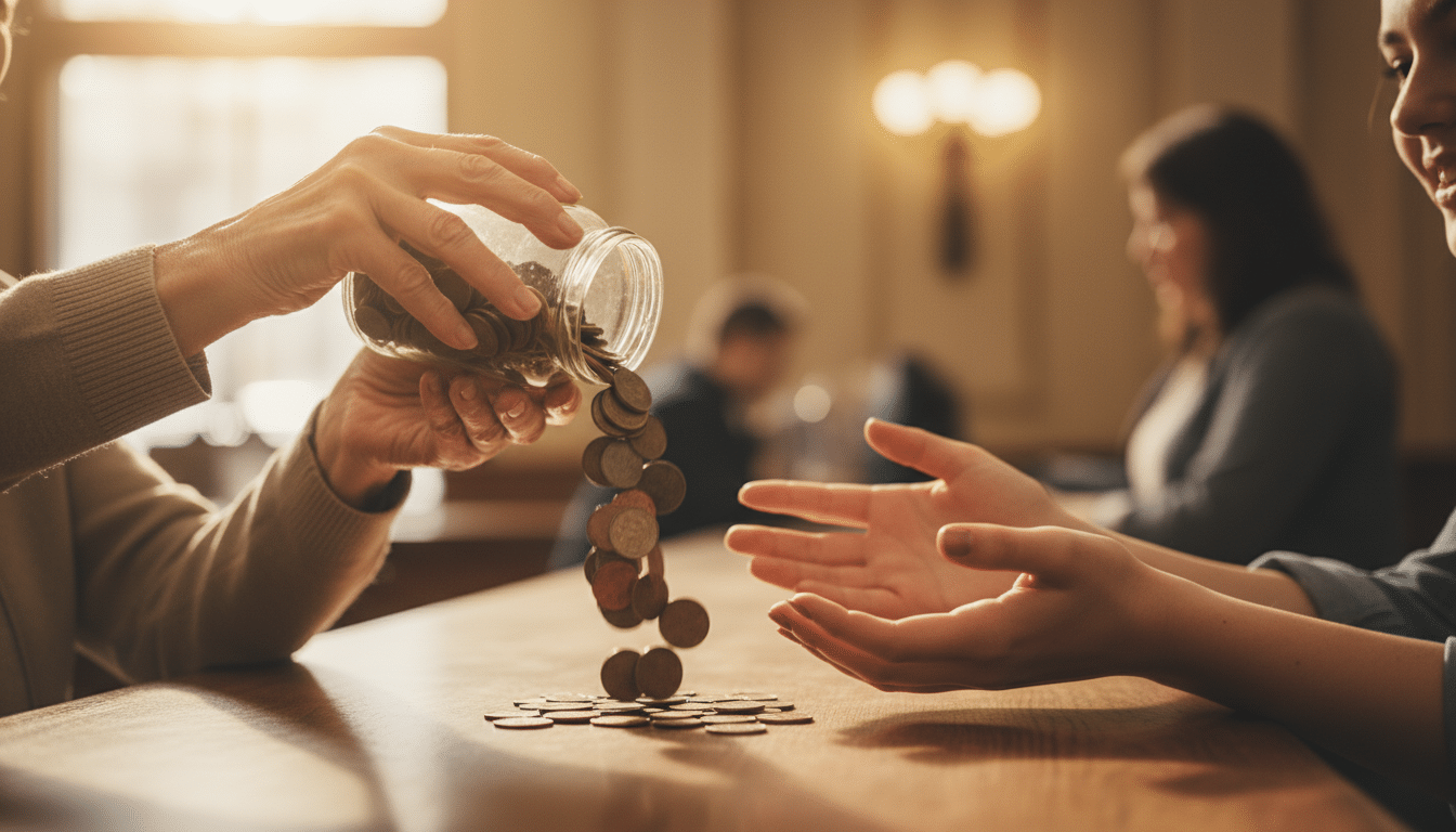 Illustration - grand-mère économies petites pièces cadeau petite-fille