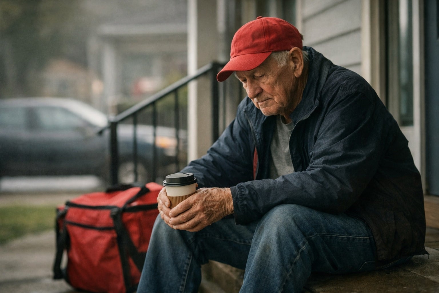 Image d’illustration sobre autour d’un livreur âgé, symbole de la fatigue au travail et de la solidarité humaine
