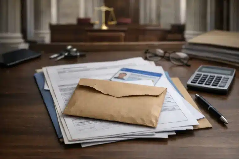 Fraude au chômage en France, illustration sobre dans un univers de palais de justice