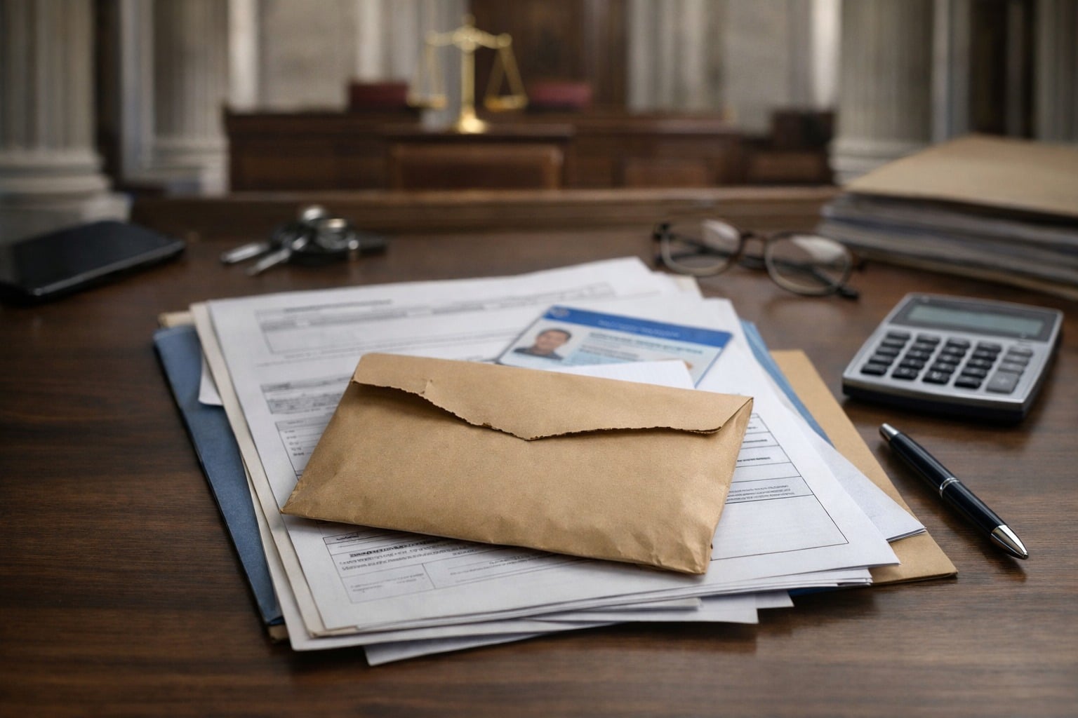 Fraude au chômage en France, illustration sobre dans un univers de palais de justice