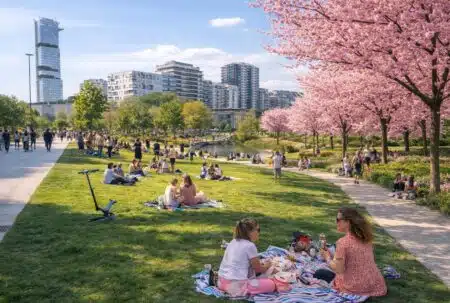 Vue printanière du parc Martin Luther King à Paris, avec pelouses animées, promenade, bassin et cerisiers en fleurs dans le 17e arrondissement.