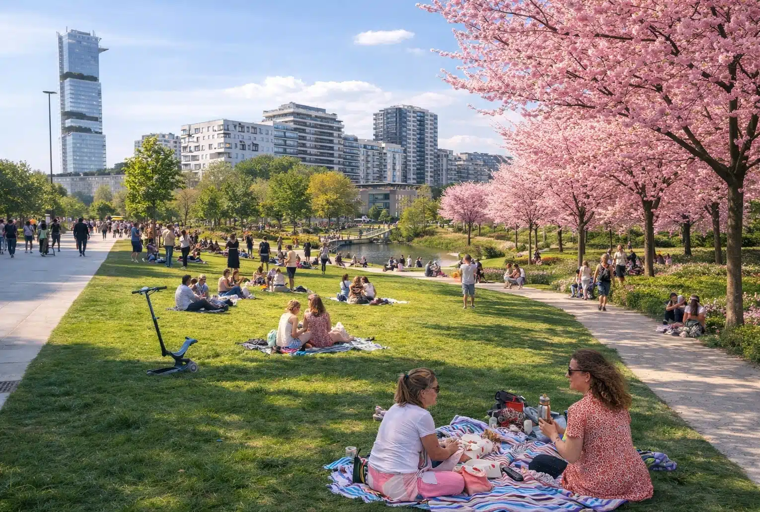 Vue printanière du parc Martin Luther King à Paris, avec pelouses animées, promenade, bassin et cerisiers en fleurs dans le 17e arrondissement.