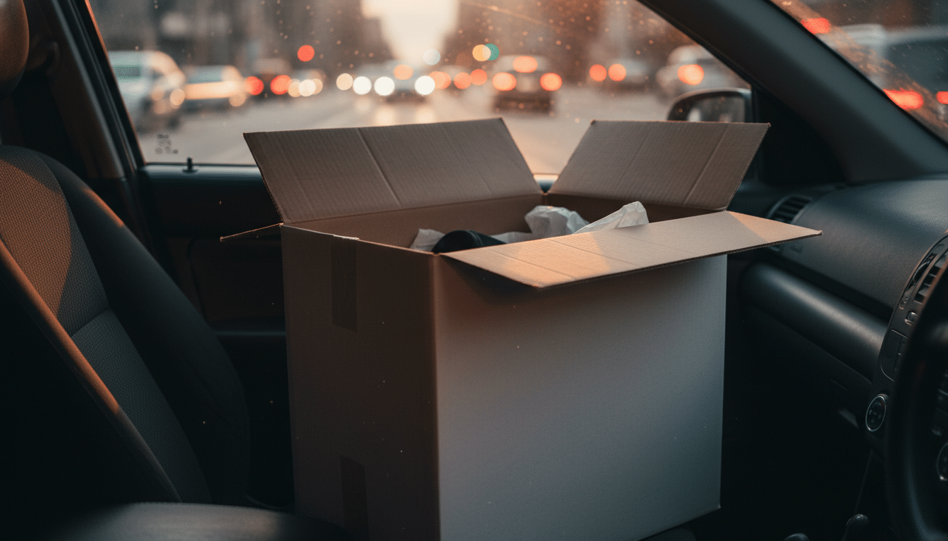 Boîte blanche mystérieuse posée sur un siège de voiture