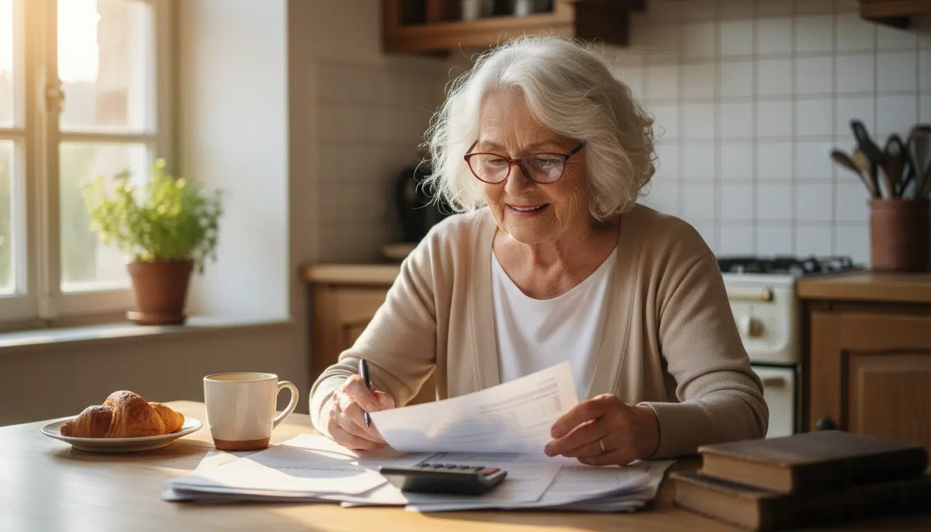 Retraitée souriante vérifiant ses documents fiscaux