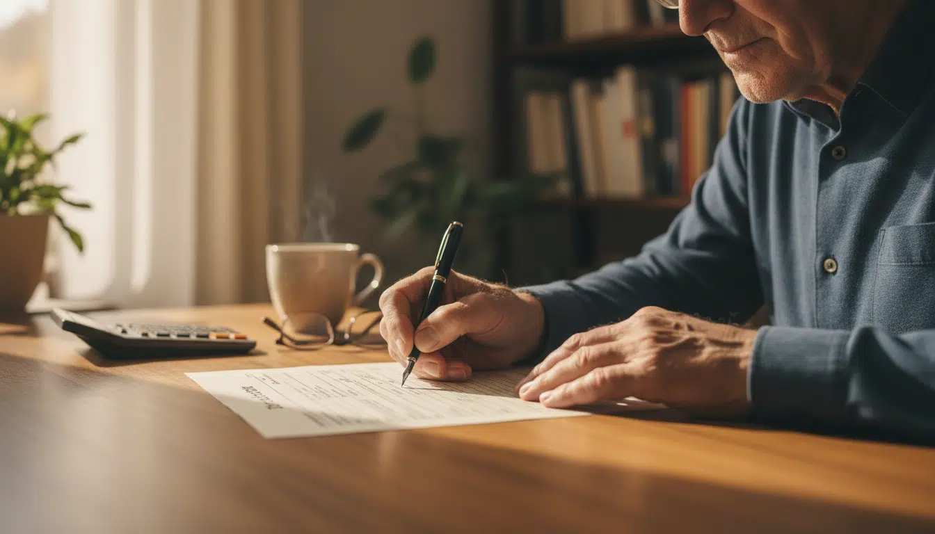 Mains de senior remplissant une déclaration d'impôts