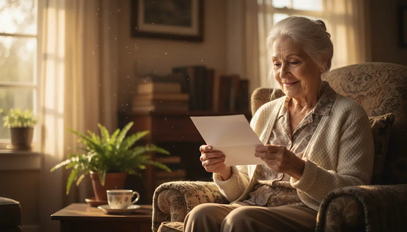 Femme âgée souriante lisant un courrier fiscal