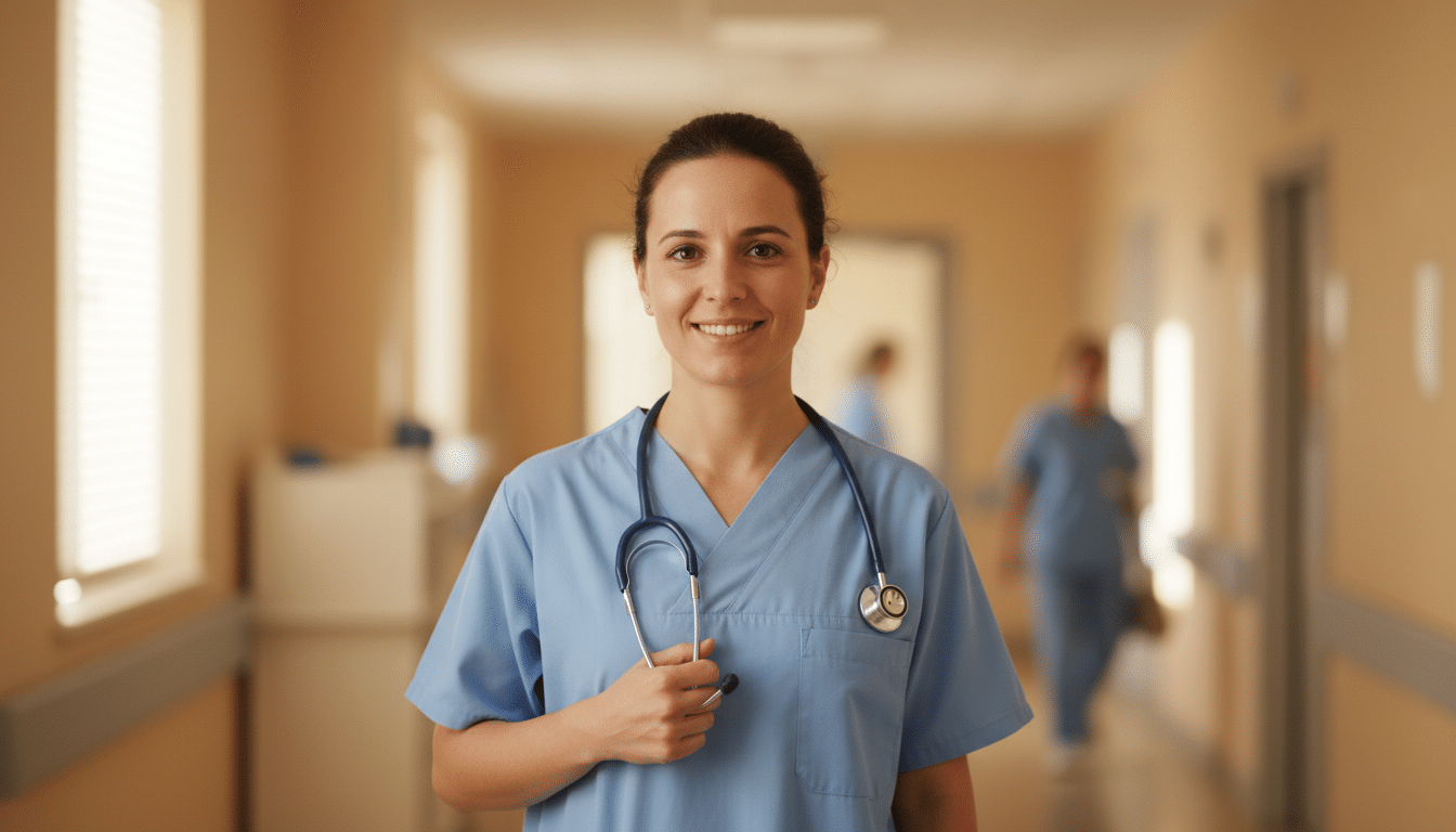Infirmière souriante en couloir d'hôpital avec stéthoscope