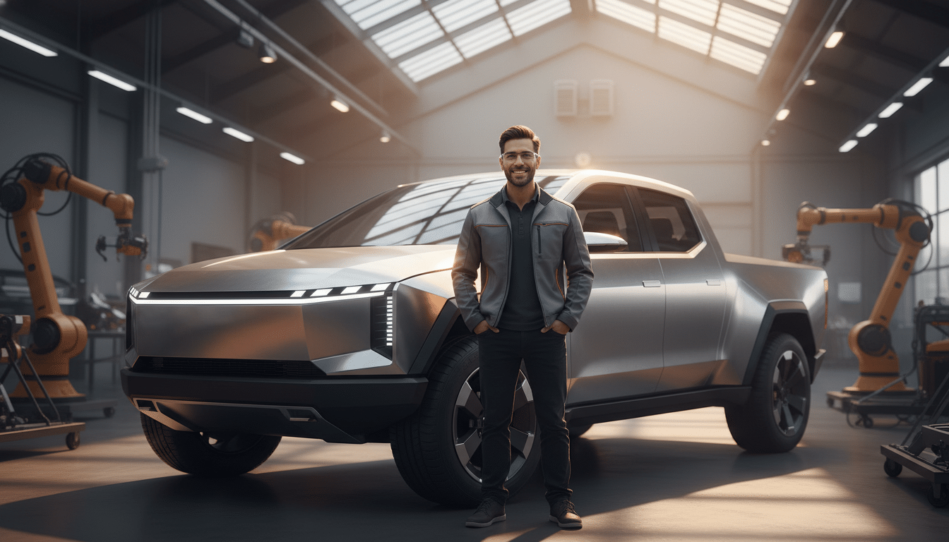 Ingénieur souriant devant un pick-up électrique en atelier