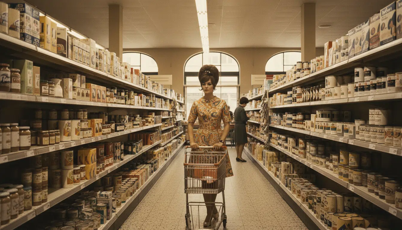 Intérieur de supermarché français des années 70, femme avec un caddie