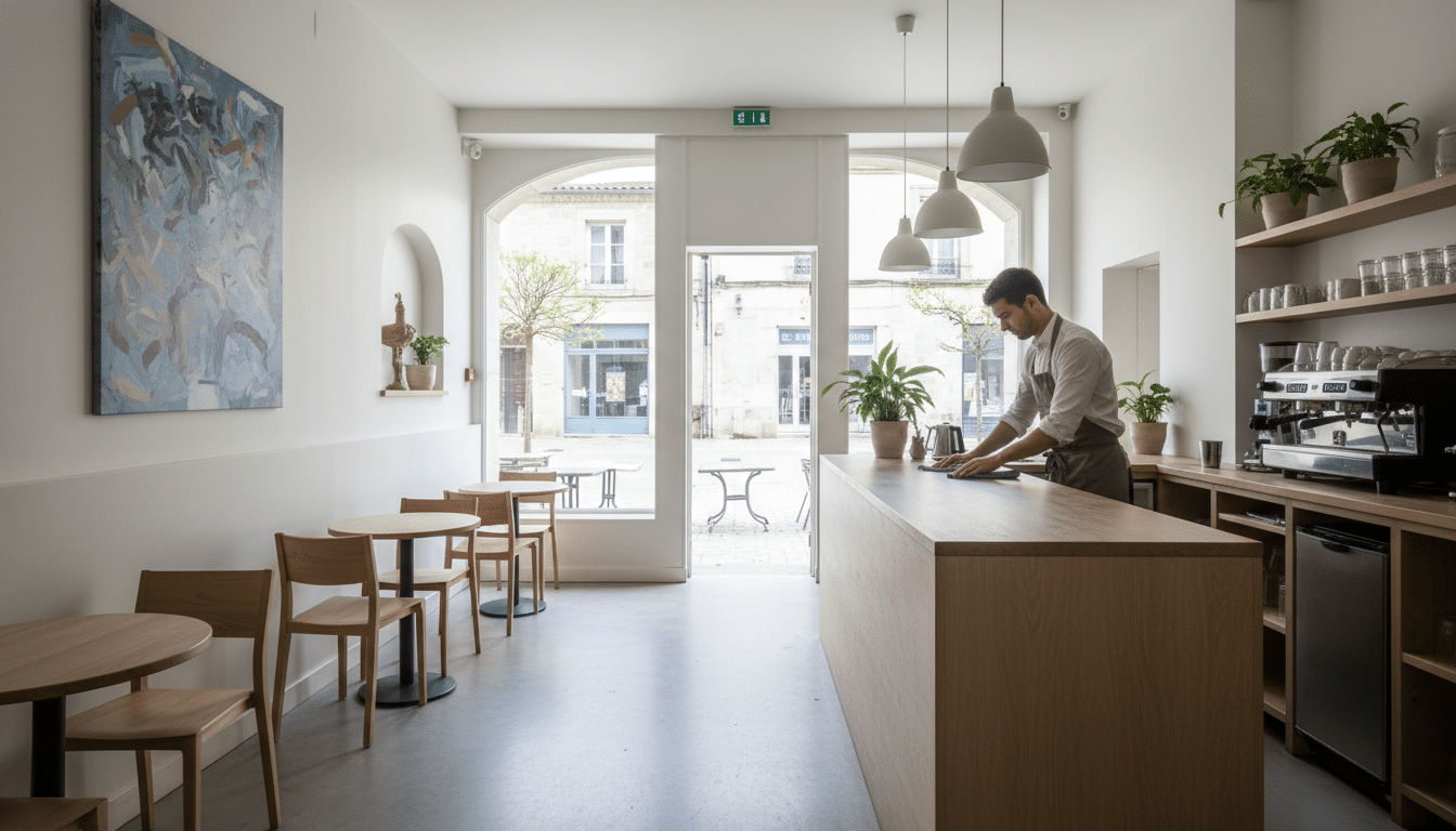 Intérieur d'un café de village moderne, vide et silencieux avec barista