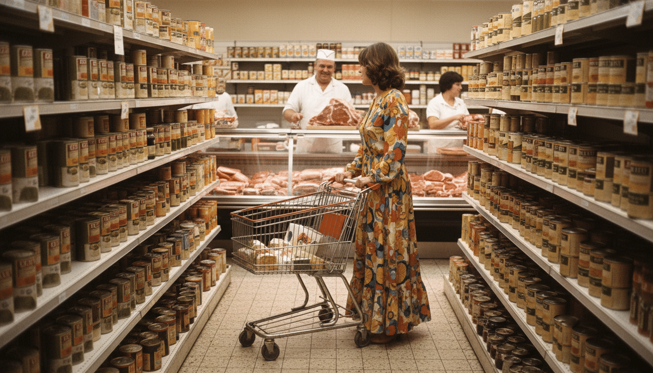 Intérieur d'un supermarché français dans les années 70, avec une cliente et un boucher au comptoir.