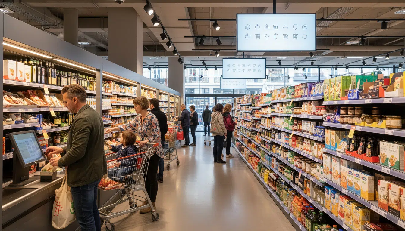 Intérieur moderne d'un hypermarché français, avec des clients aux caisses automatiques et dans les allées lumineuses.