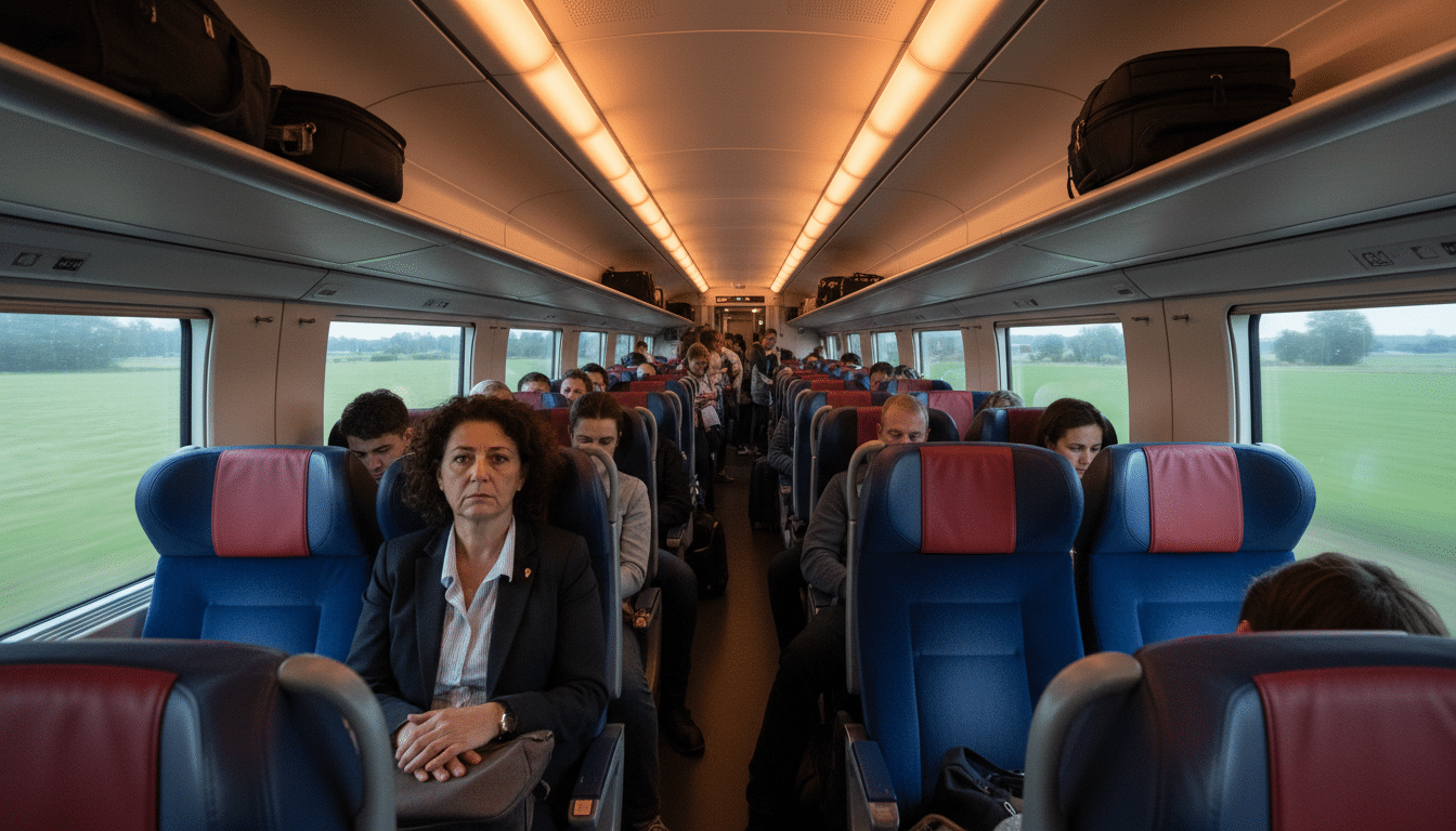 Intérieur TGV moderne bondé, passagers agacés ou blasés.