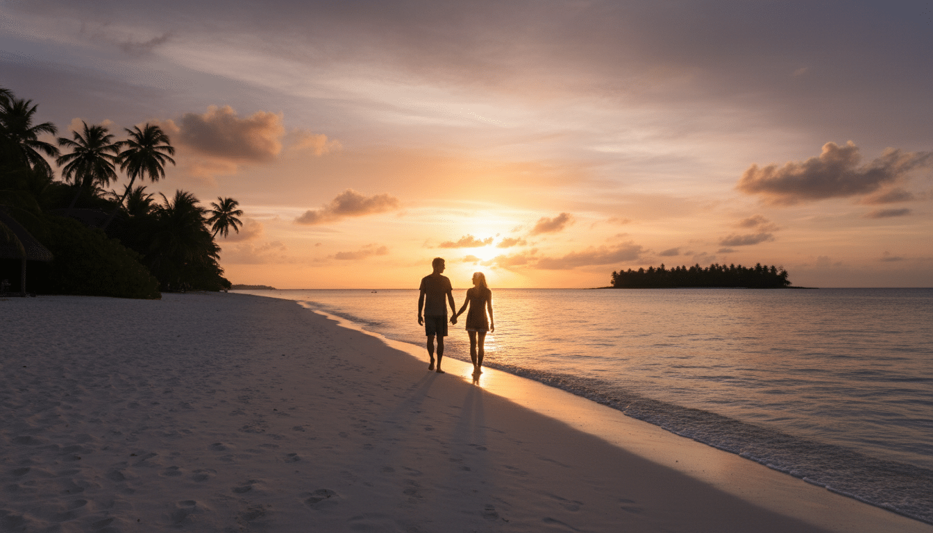 Couple en silhouette marchant sur une plage au coucher de soleil