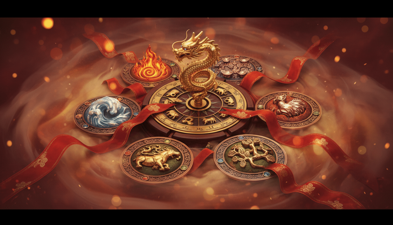 Jeune femme méditant entourée des 12 animaux du zodiaque chinois sous la pleine lune