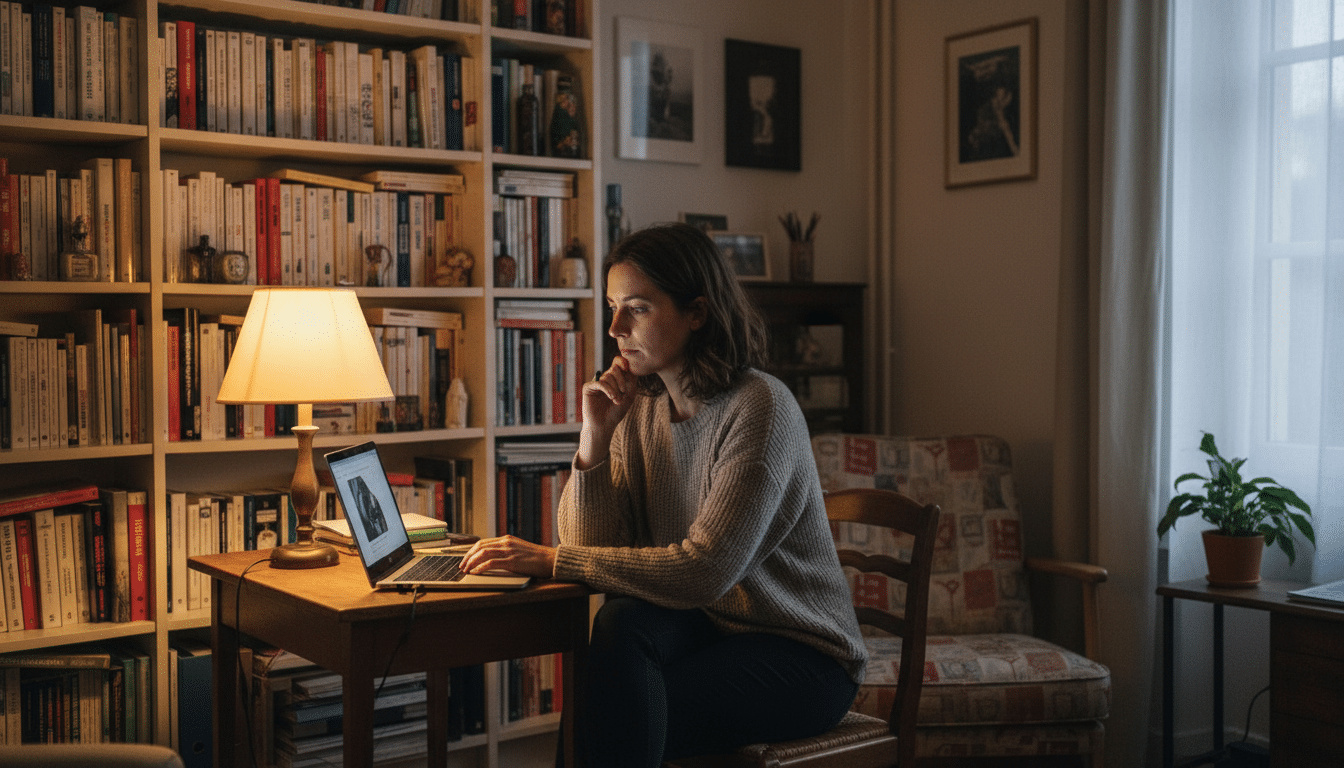 Jeune femme pensive devant son ordinateur dans un appartement nantais