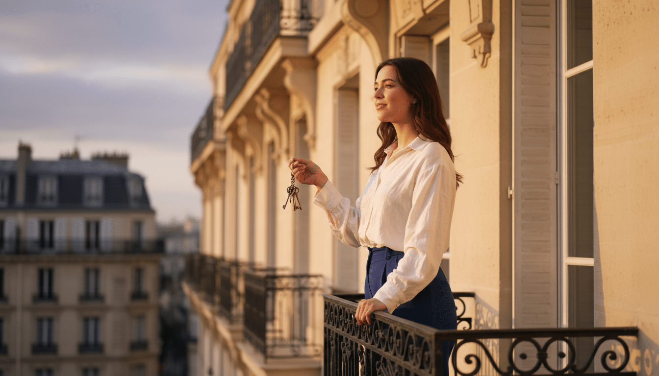 Jeune femme regardant l'horizon depuis son balcon