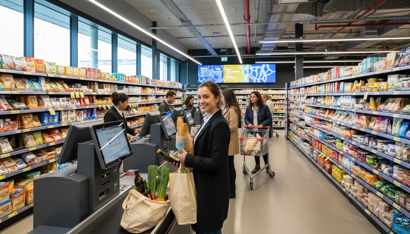 Jeune femme souriante à une caisse automatique dans un supermarché moderne