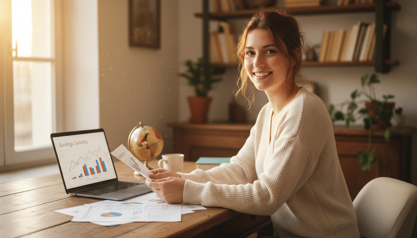 Jeune femme souriante gérant ses finances à son bureau