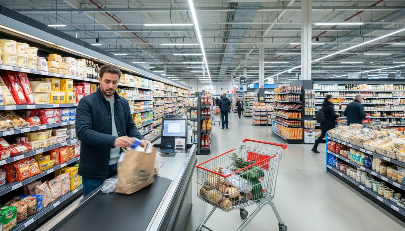 Jeune homme scannant ses articles aux caisses automatiques