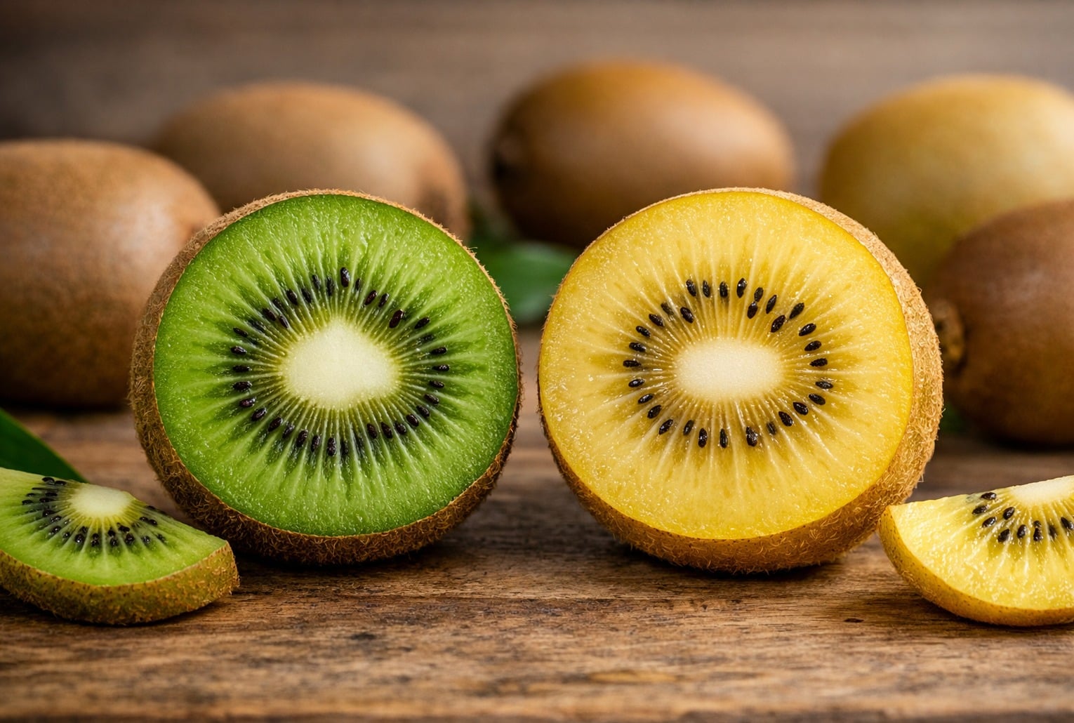 Kiwi jaune et kiwi vert coupés en deux, chair dorée et chair verte côte à côte sur une table en bois