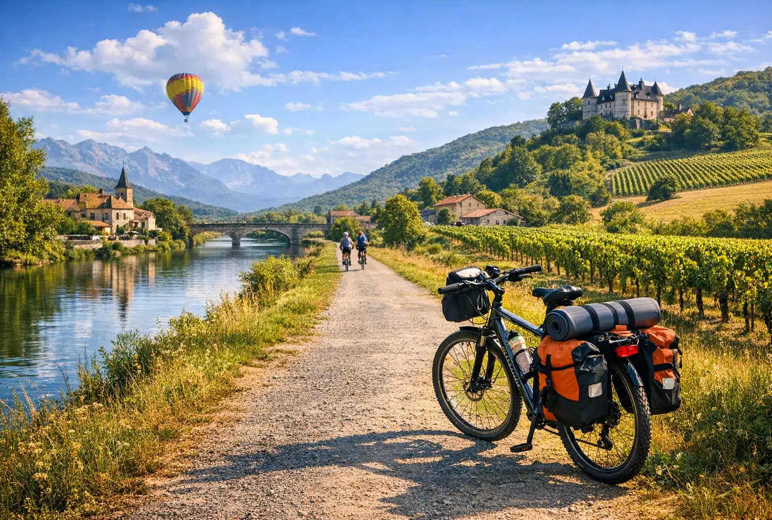 La Scandibérique, paysage de voyage à vélo entre canal, village français et collines ensoleillées