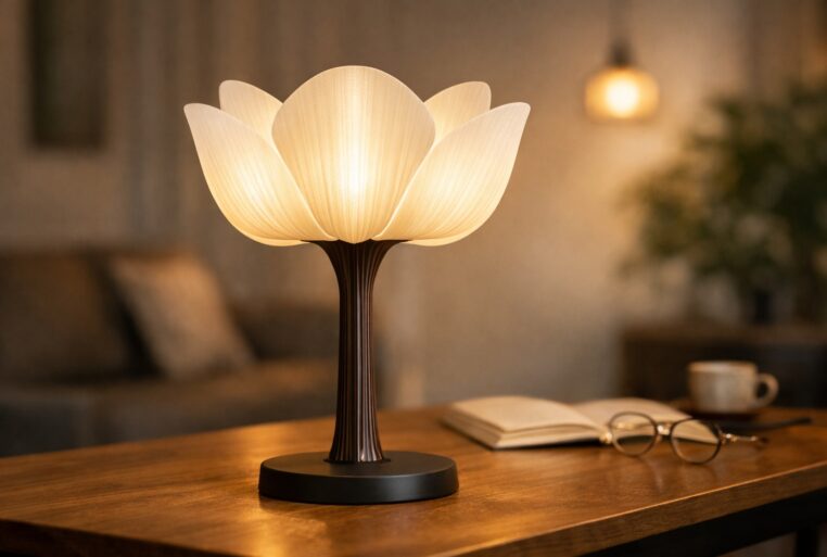Lampe Arborescence mise en avant sur une table en bois avec arrière-plan flou