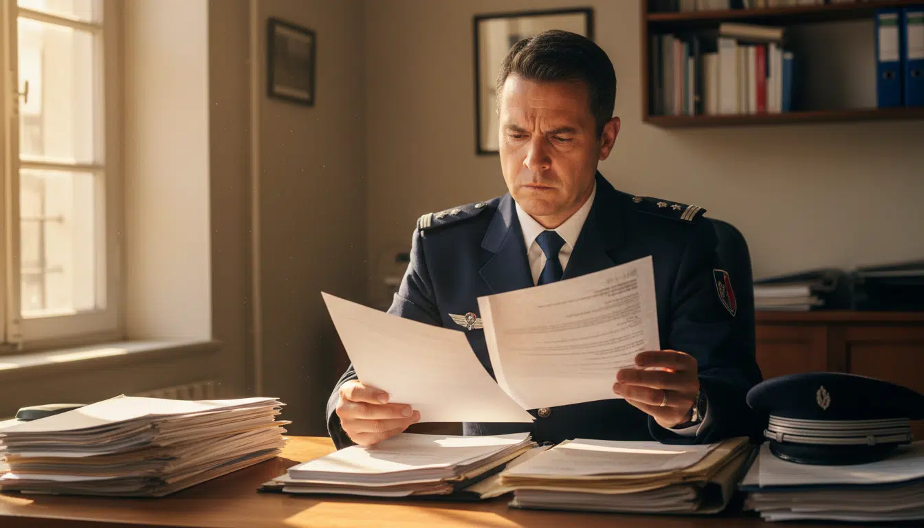 Policier français examinant des documents officiels