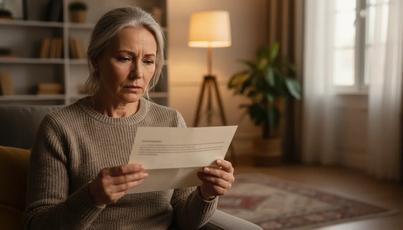 Femme lisant une lettre officielle avec inquiétude