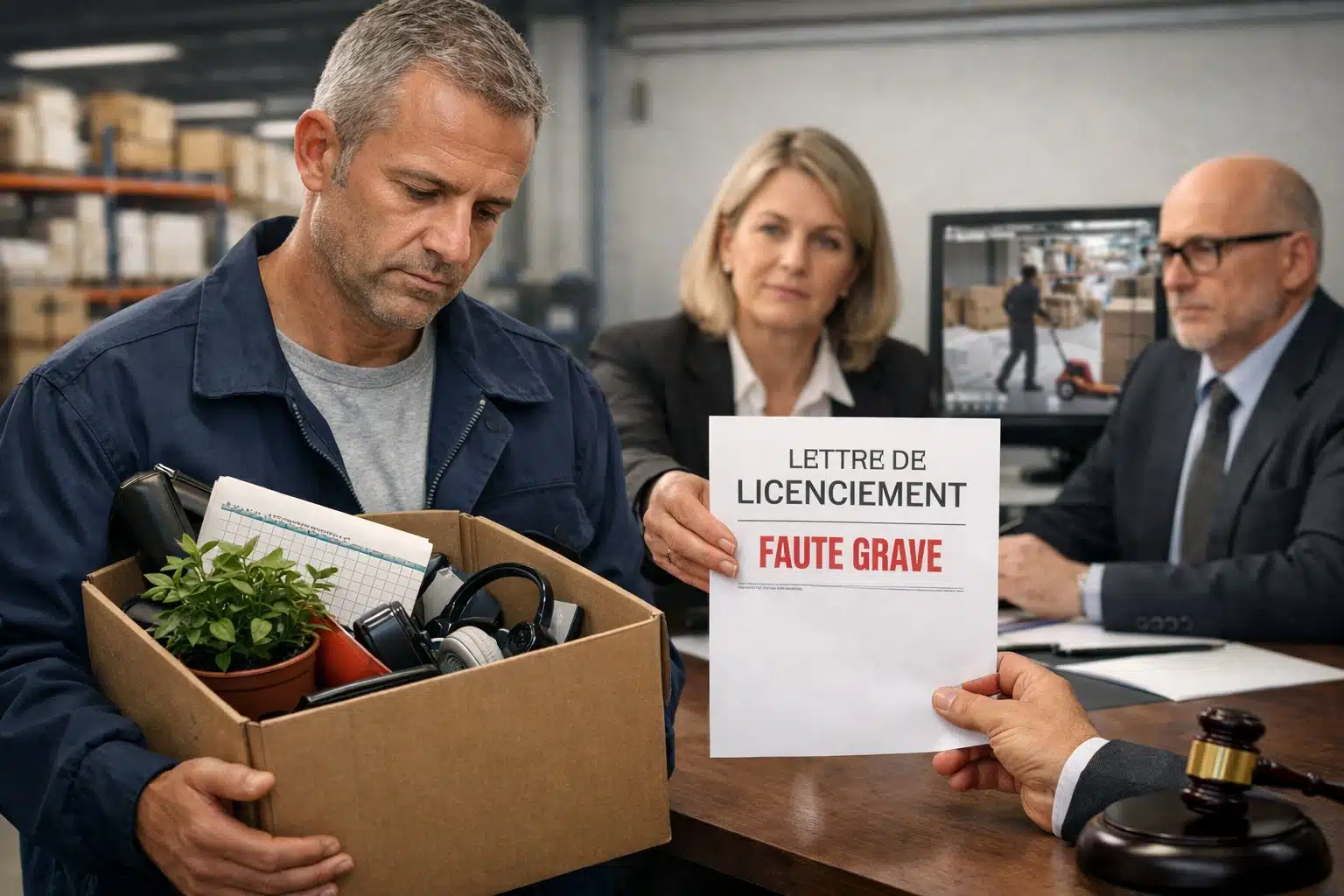 Scène de licenciement pour faute grave : un salarié quitte l’entreprise avec un carton d’affaires personnelles, tandis qu’une RH lui tend une lettre « licenciement – faute grave ».