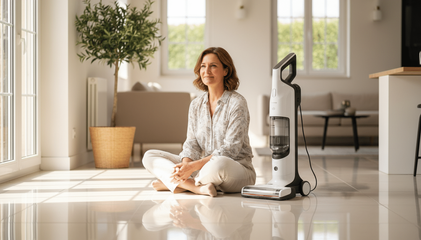 Femme satisfaite après nettoyage avec aspirateur laveur