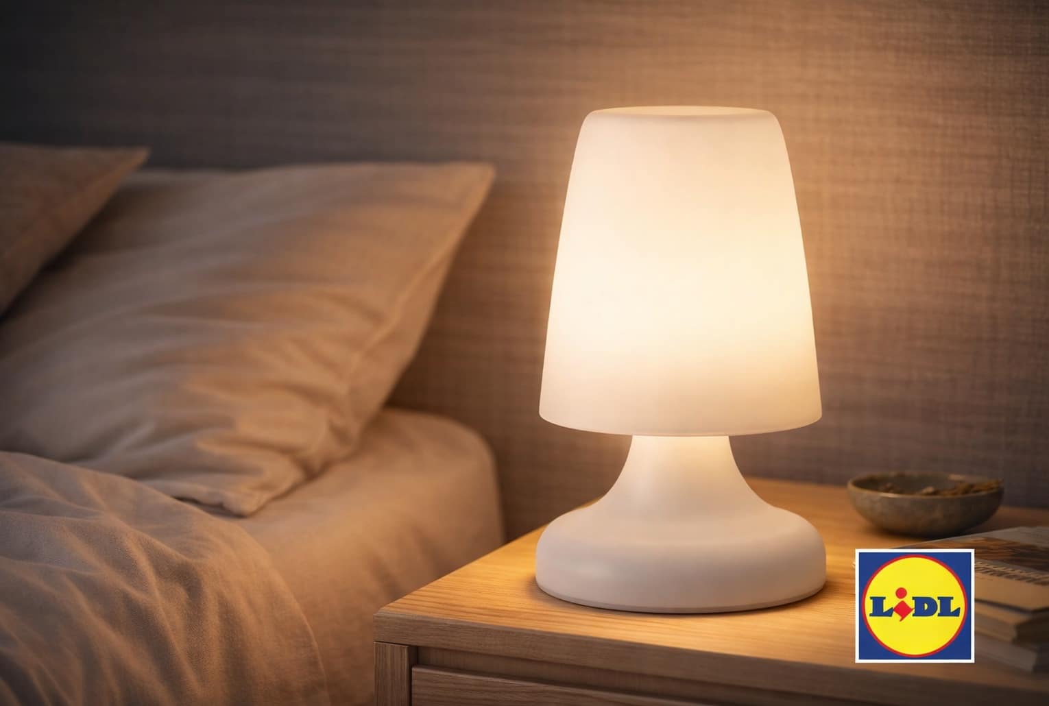 Lampe sans fil Lidl posée sur une table de chevet dans une ambiance chambre chaleureuse