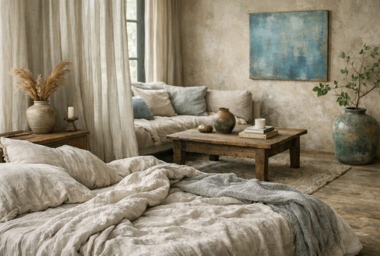 Intérieur apaisant en lin lavé avec teintes naturelles et bleu patiné, symbole de la texture phare de 2026