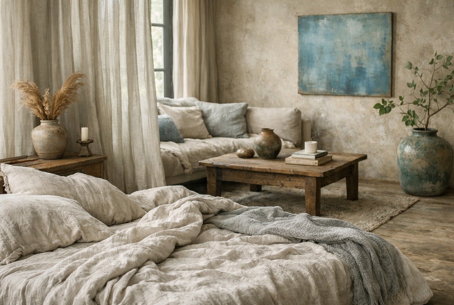 Intérieur apaisant en lin lavé avec teintes naturelles et bleu patiné, symbole de la texture phare de 2026